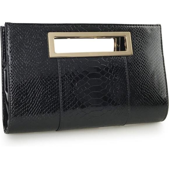 Classic Crocodile Pattern Faux Leather Metal Grip Cut it out Clutch with Chain - Picture 1 of 8